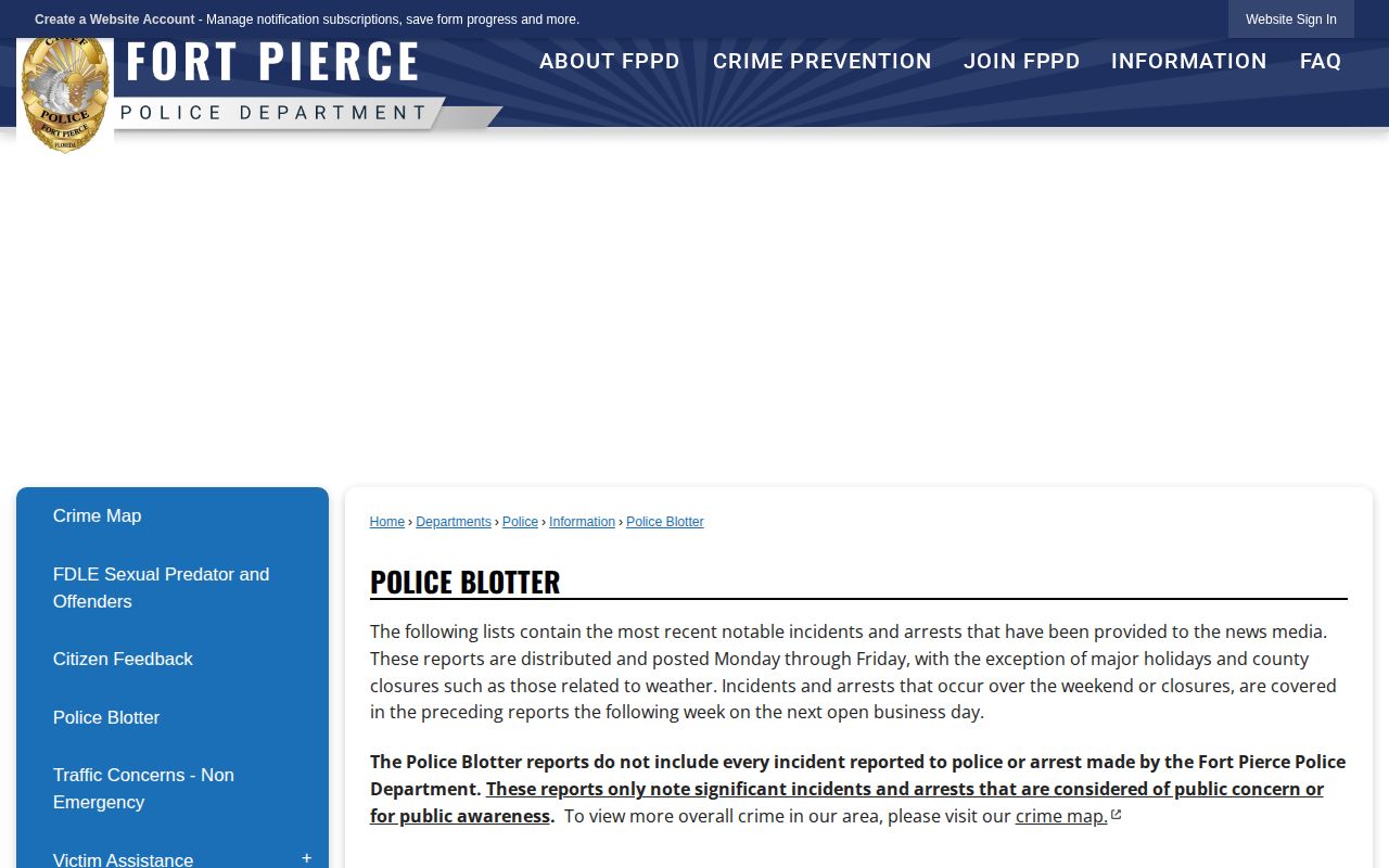 Fort Pierce Police Department Police Blotter page with report links