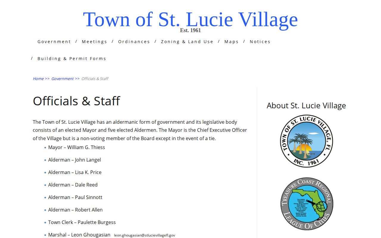 St. Lucie Village official town officials webpage with municipal contact information